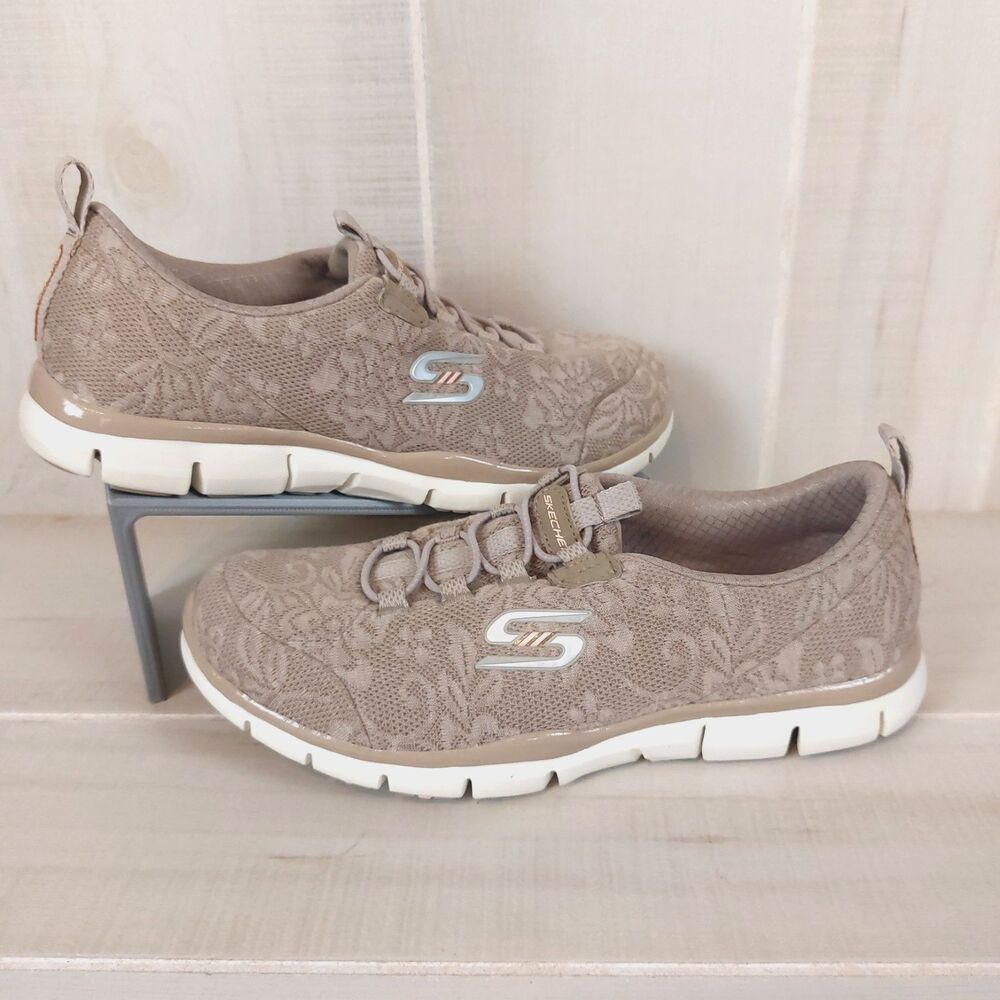 Skechers Lace Floral Detail Trainers 'Lacey 22764' Women Sz 6 Taupe